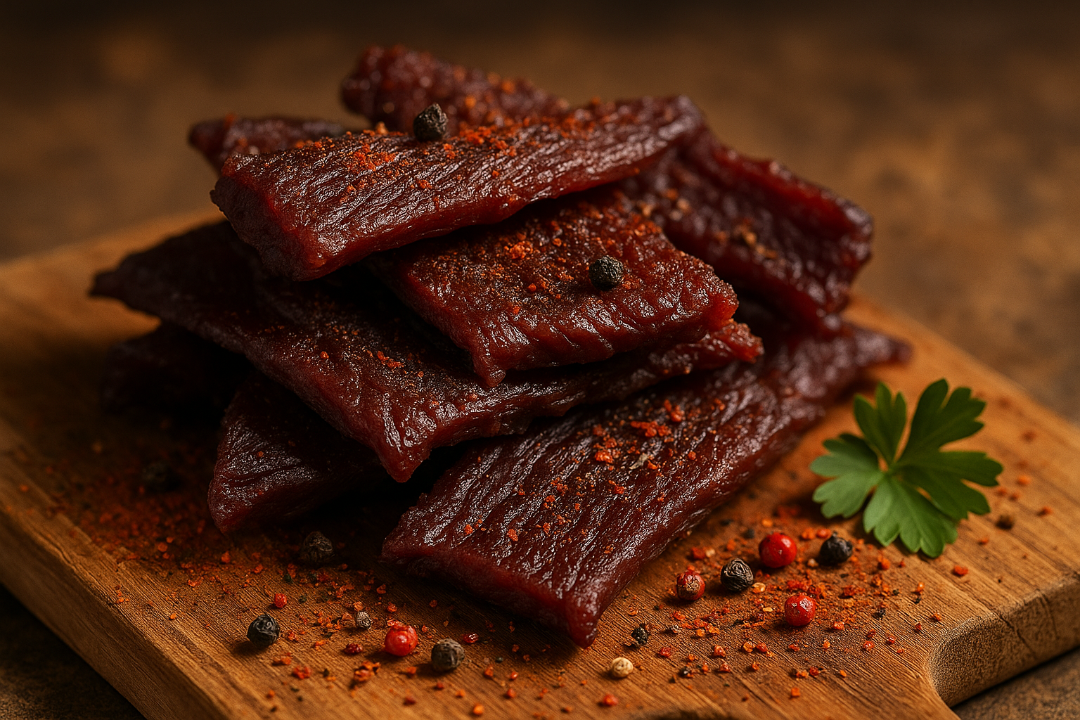 A close-up of smoked beef jerky pieces stacked on a wooden cutting board, sprinkled with paprika powder, crushed black peppercorns, pink peppercorns, and chili flakes. A small fresh parsley leaf rests beside the jerky for garnish. The lighting is warm and natural, with shallow depth of field making the jerky sharp and detailed while the background is softly blurred. Rich textures of the meat are visible, slightly glossy, coated with spices. Rustic, appetizing, food photography style.